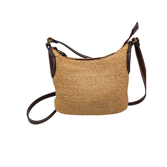Vintage Fossil Women's Jute Crossbody Shoulder Bag‎ Tan Leather Strap Accents - Picture 2 of 9
